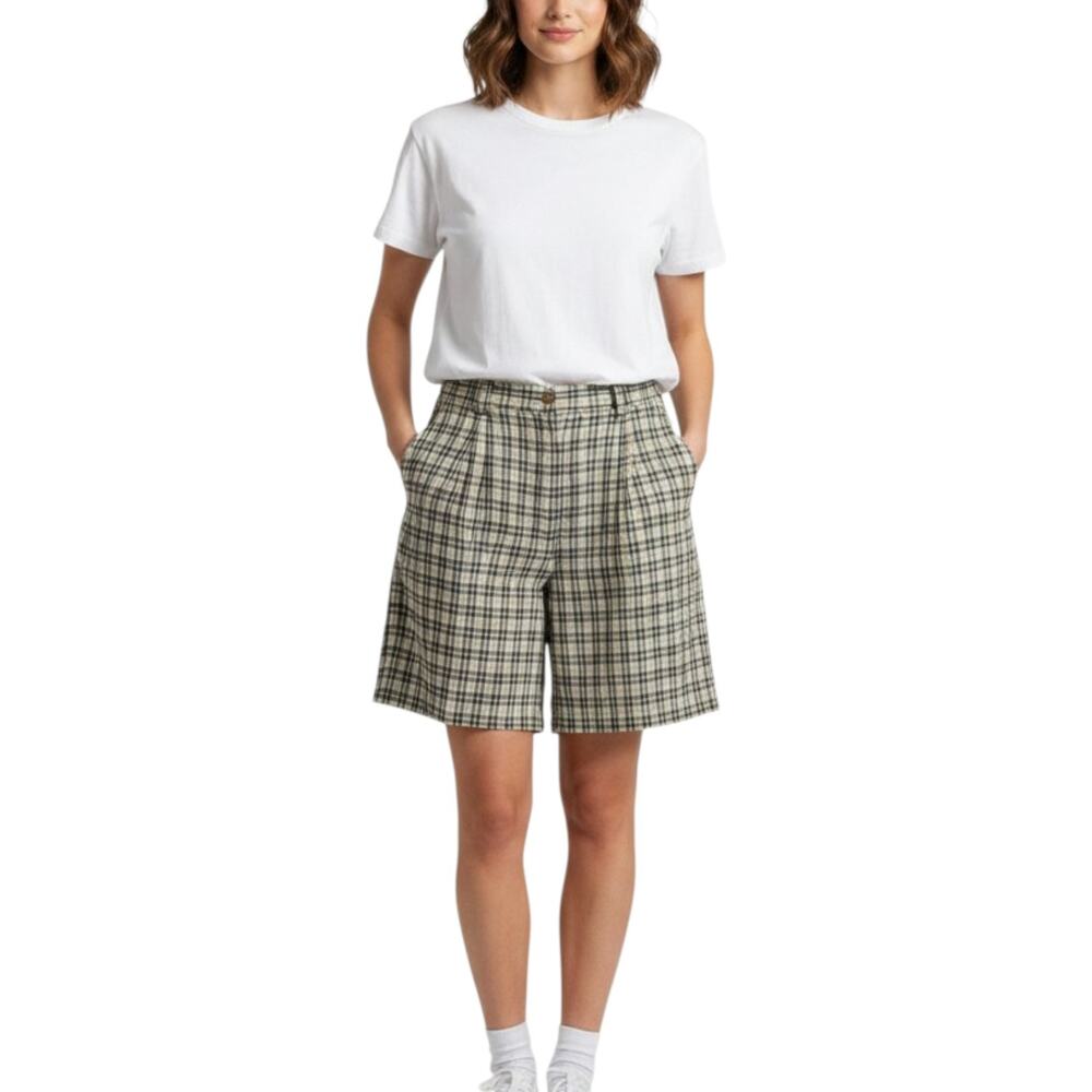 NWT Blassport Bill Blass Plaid Linen Blend Shorts Womens 12 Blue Beige Pleated